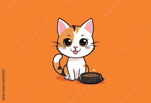 Adorable Cat with Whiskers and Pink Eyes Sitting on Orange Background with Bowl of Cat Food