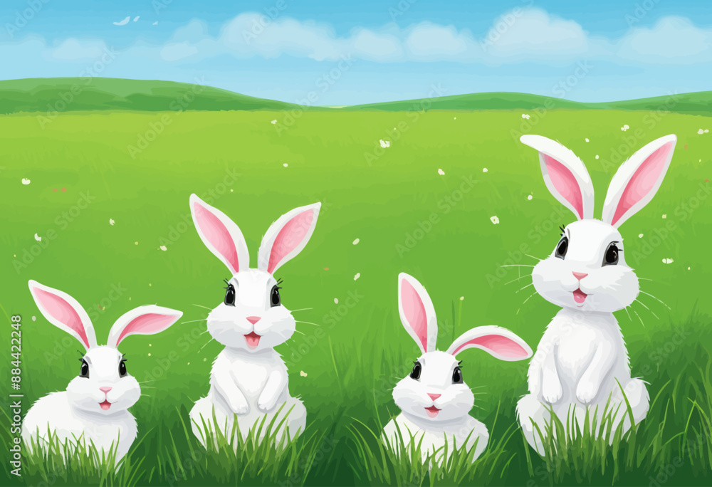 Four Easter Bunny Illustrations: A Set of Easter-Themed Cartoon Rabbits in a Field of Flowers Four Easter Bunny Illustrations: A Set of Easter-Themed Cartoon Rabbits in a Field of Flowers