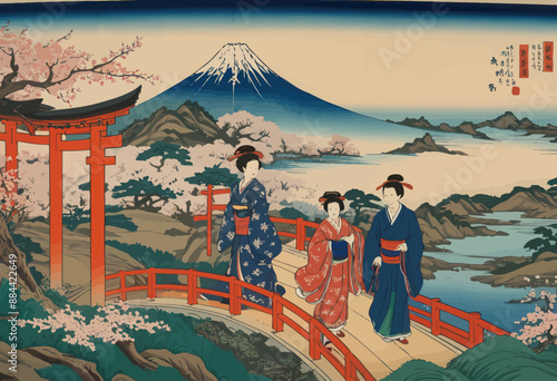 Japanese Geisha Walking Along a Traditional Bridge