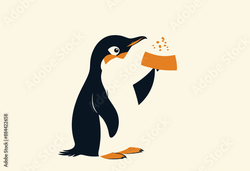 Penguin with slice of cake in its beak, dropping cake crumbs
