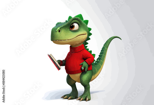 Friendly Dinosaur in Red Sweater Reading Book
