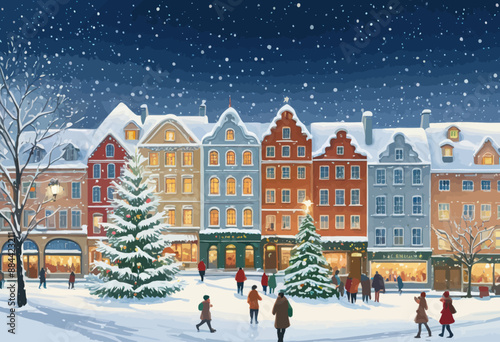 Christmas Market Scene in a Snowy City