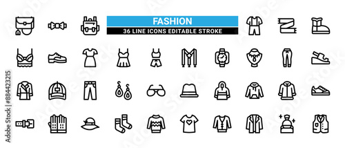36 Fashion Line Icons Set Pack Editable Stroke Vector Illustration.