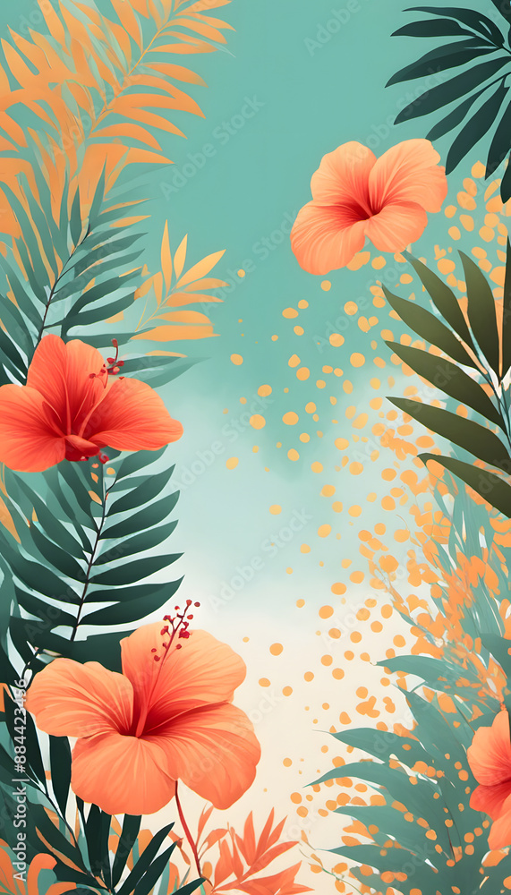 A vibrant floral pattern featuring large pink and red hibiscus flowers, orange blossoms, green palm leaves and green tropical leaves on a light background. A vibrant floral pattern featuring large pink and red hibiscus flowers, orange blossoms, green palm leaves and green tropical leaves on a light background.