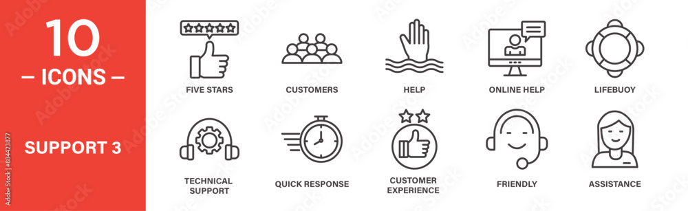 support icon set. five stars, customers, help, online help, lifebuoy ...