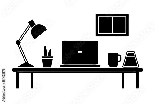 Vector illustration of a minimalist home office setup with desk laptop and supplies ideal for remote work and productivity