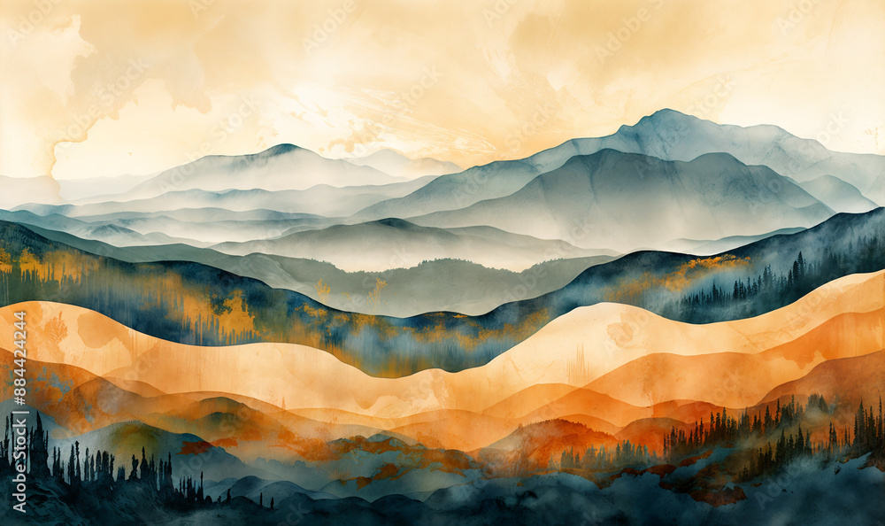 Φωτογραφία Watercolor abstract painting of mountain shapes at dusk / sunrise / sunset paste