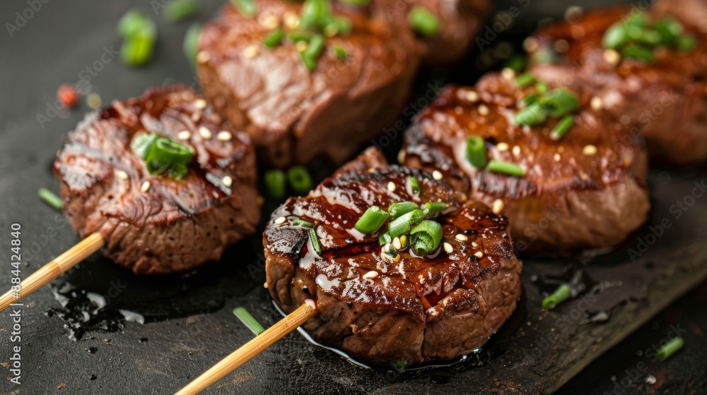 The national cuisine of Japan. Mini beef steaks with mirin in Japanese. The national cuisine of Japan. Mini beef steaks with mirin in Japanese.