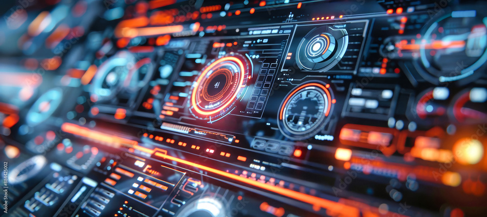 A 3D rendering showcases intricate digital mechanisms illuminated with holographic diagrams and graphs, revealing a futuristic control panel A 3D rendering showcases intricate digital mechanisms illuminated with holographic diagrams and graphs, revealing a futuristic control panel