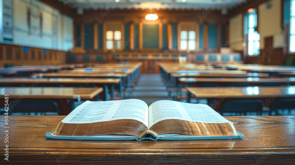 A single open book lies on a wooden desk in an empty classroom. The desks are arranged in rows, suggesting a space for learning and reflection A single open book lies on a wooden desk in an empty classroom. The desks are arranged in rows, suggesting a space for learning and reflection