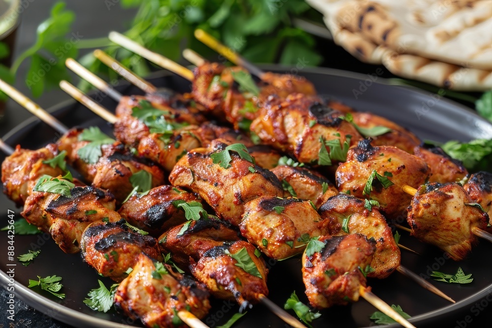 A close up view of grilled chicken skewers on a black plate garnished with parsley. A close up view of grilled chicken skewers on a black plate garnished with parsley.
