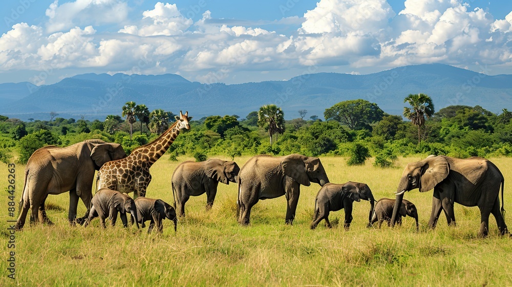 Obraz premium African Savanna with Elephants and Giraffe