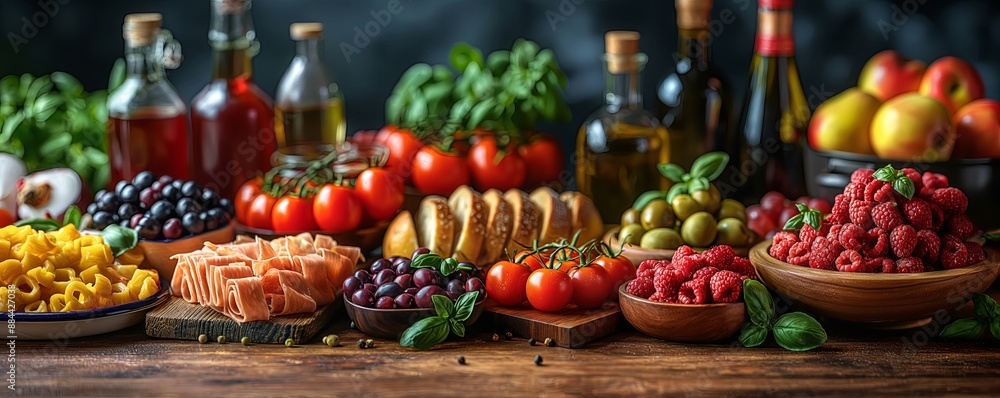 talian Cuisine Spread - Perfect for Food Photography and Culinary Art Displays, Featuring a Variety of Fresh Ingredients Including Tomatoes, Grapes, Olives, and Herbs in Vibrant Colors talian Cuisine Spread - Perfect for Food Photography and Culinary Art Displays, Featuring a Variety of Fresh Ingredients Including Tomatoes, Grapes, Olives, and Herbs in Vibrant Colors