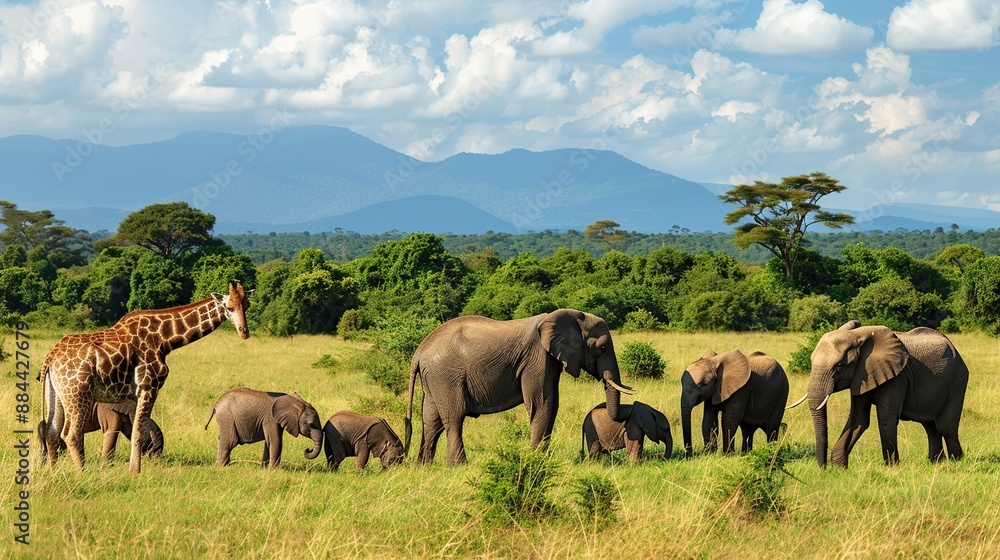 African Wildlife Safari: Elephants and Giraffe in a Lush Savanna Landscape African Wildlife Safari: Elephants and Giraffe in a Lush Savanna Landscape