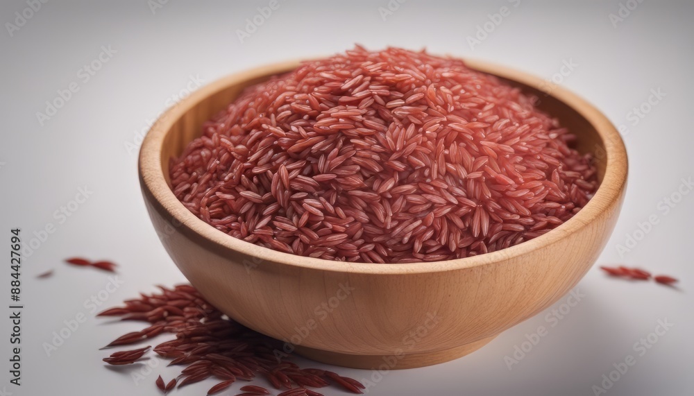 red rice in the wooden bowl isolated on white background red rice in the wooden bowl isolated on white background
