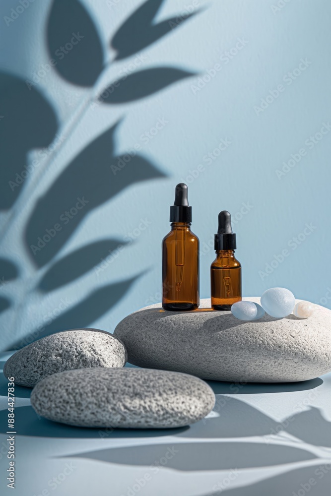 Amber Cosmetic Bottles with Stones on Blue Background. Ideal for beauty and wellness-themed designs. Amber Cosmetic Bottles with Stones on Blue Background. Ideal for beauty and wellness-themed designs.