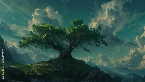 Green little sprout grown into a big tree on the mountain. Growth, transformation of plant timelapse animation