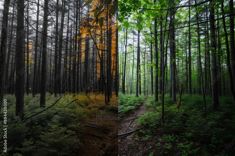 A narrow path in a forest cuts through a transition from autumn to summer, showcasing the vibrant hues of nature. A narrow path in a forest cuts through a transition from autumn to summer, showcasing the vibrant hues of nature.