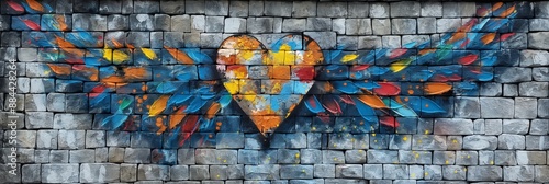 Colorful heart with wings graffiti on brick wall