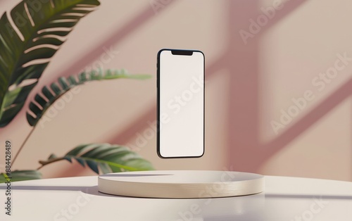 Floating Smartphone with Plant Shadows on Neutral Background. Ideal for technology and modern design presentations. photo