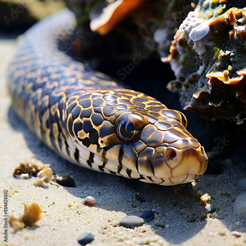 Close-Up of a Yellow-Bellied Sea Snake on Sand photo