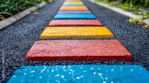 Colorful stepping stones on wet path