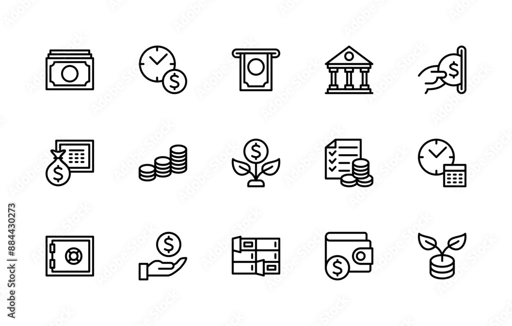 Money savings and finance vector linear icons set. Isolated icon collection such as money, currency, bill, pack, time and more. Money savings and finance vector linear icons set. Isolated icon collection such as money, currency, bill, pack, time and more.