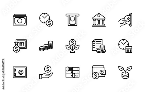Money savings and finance vector linear icons set. Isolated icon collection such as money, currency, bill, pack, time and more.