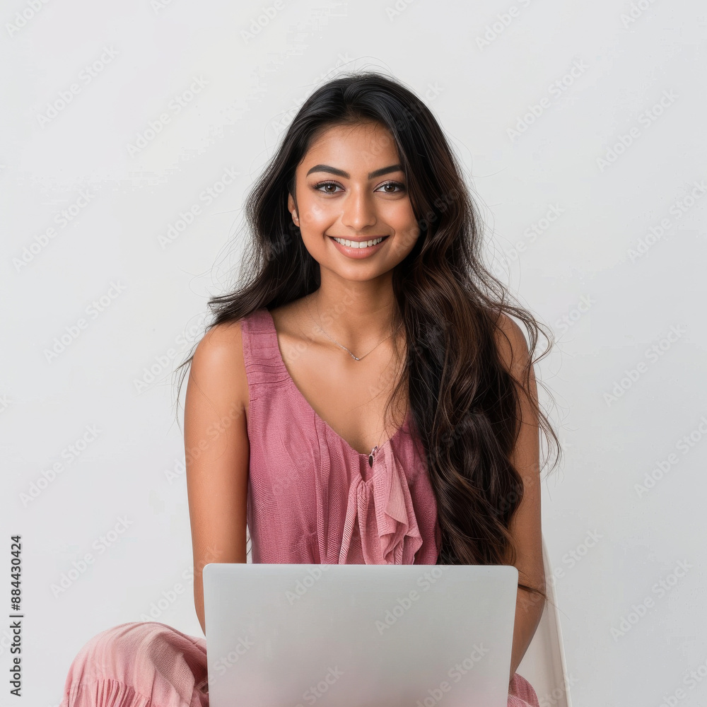 Full Body Photo of Smiling Indian Supermodel in Pink Top Working on Laptop Full Body Photo of Smiling Indian Supermodel in Pink Top Working on Laptop