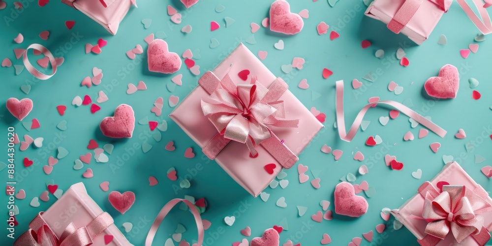 Colorful gift boxes with ribbons and hearts on a blue background, great for Valentine's Day or love-themed designs Colorful gift boxes with ribbons and hearts on a blue background, great for Valentine's Day or love-themed designs