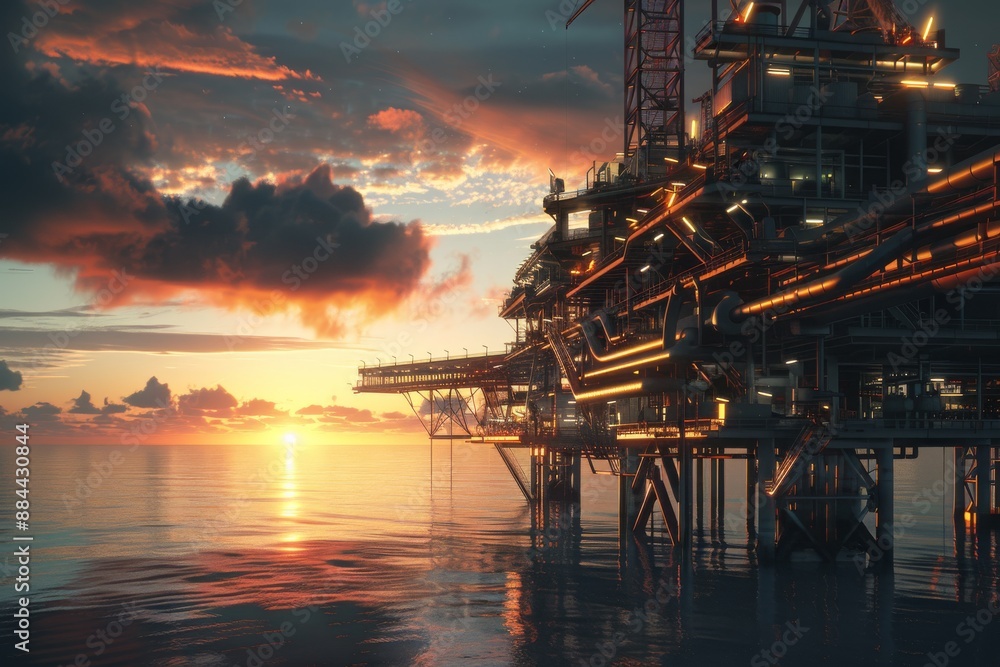 An industrial oil rig stands tall in the ocean at sunset, casting long shadows on the water. An industrial oil rig stands tall in the ocean at sunset, casting long shadows on the water.
