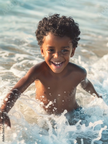 A young child enjoying time in the water, suitable for summer-themed illustrations or educational resources photo