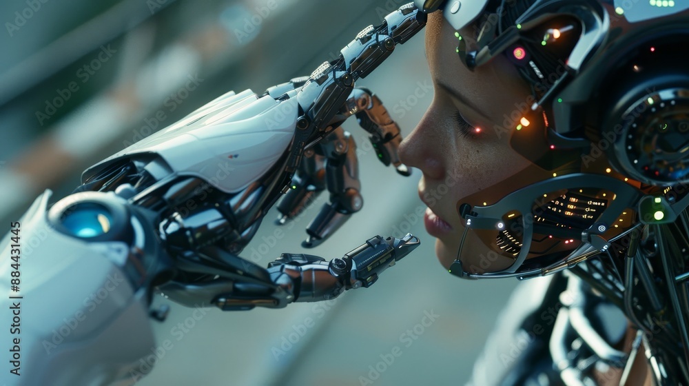 Fototapeta premium A Cyborg Woman Receives a Gentle Touch From a Robotic Hand