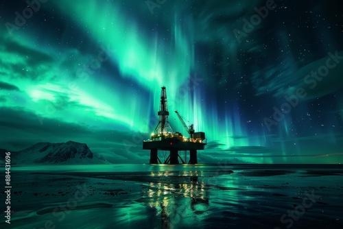 A silhouette of an oil rig stands on a calm sea against a breathtaking backdrop of the aurora borealis, illuminating the night sky with vibrant green hues.
