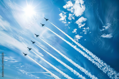 Jet fighters flying in formation, leaving white trails behind them against the blue sky photo