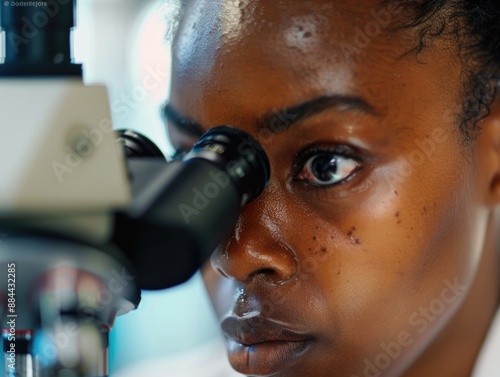 A person closely examines a microscopic image on a microscope slide