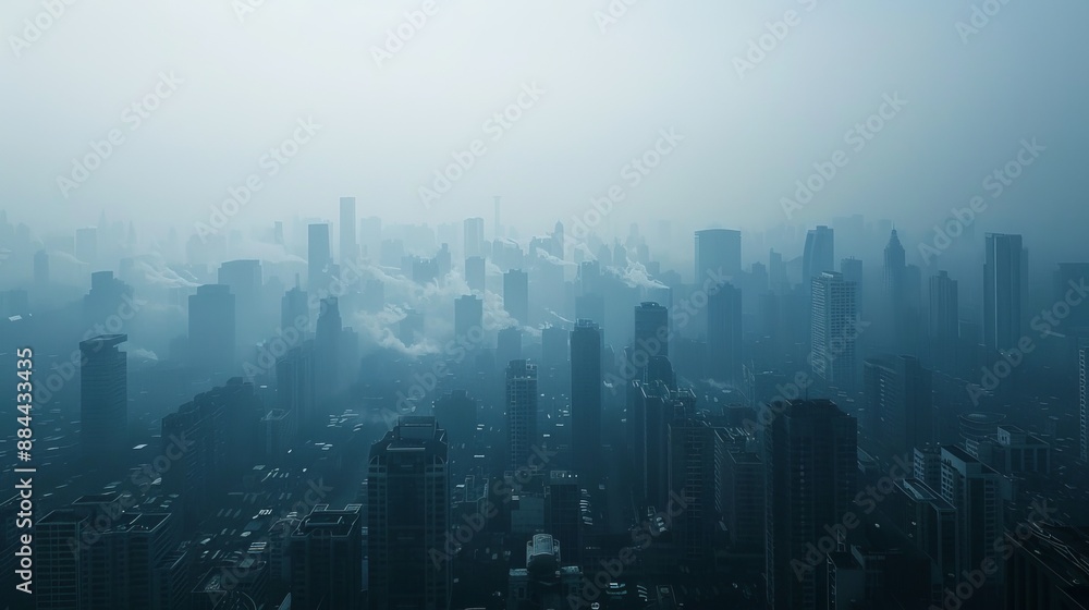 Urban skyline shrouded in fog during early morning hours creating a mysterious atmosphere in a bustling city Urban skyline shrouded in fog during early morning hours creating a mysterious atmosphere in a bustling city