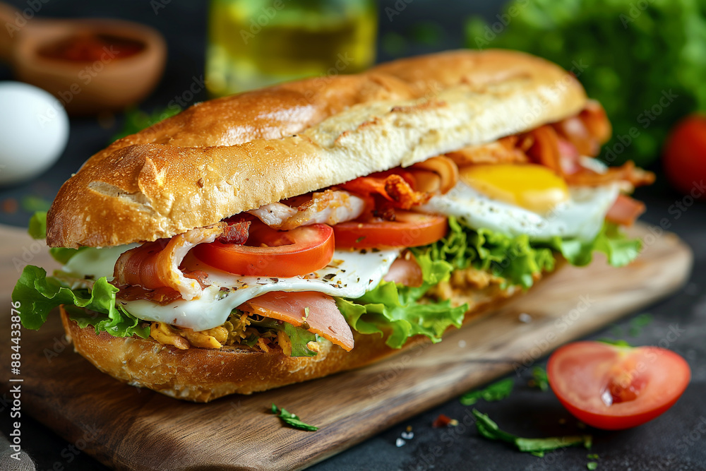Gourmet Grilled Chicken Baguette with Fresh Vegetables and Egg. Gourmet Grilled Chicken Baguette with Fresh Vegetables and Egg.