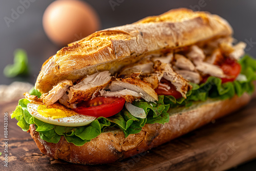 Gourmet Grilled Chicken Baguette with Fresh Vegetables and Egg. photo