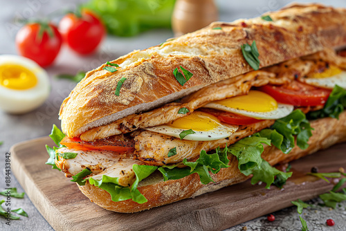 Gourmet Grilled Chicken Baguette with Fresh Vegetables and Egg. photo