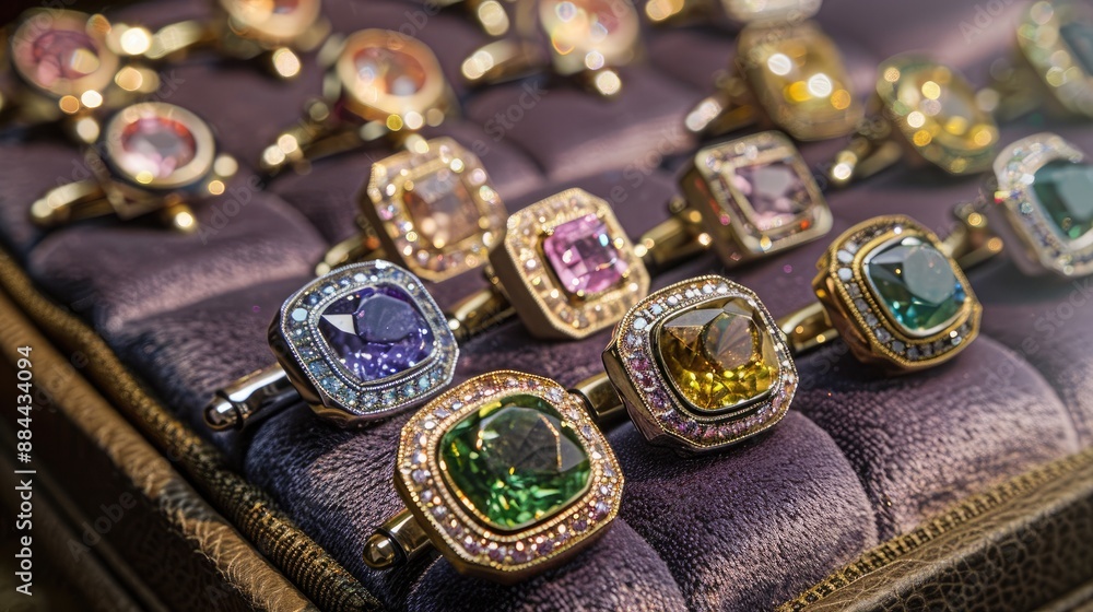 A set of designer cufflinks featuring rare gemstones, arranged neatly on a plush cushion. A set of designer cufflinks featuring rare gemstones, arranged neatly on a plush cushion.