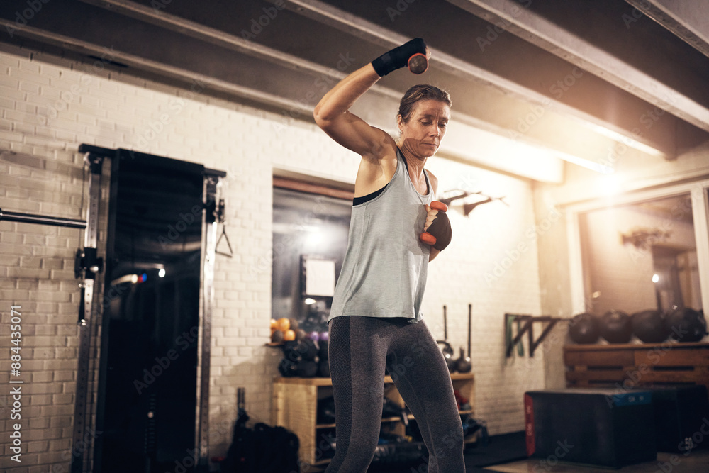 Fit mature woman lifting dumbbells at a boxing gym Fit mature woman lifting dumbbells at a boxing gym