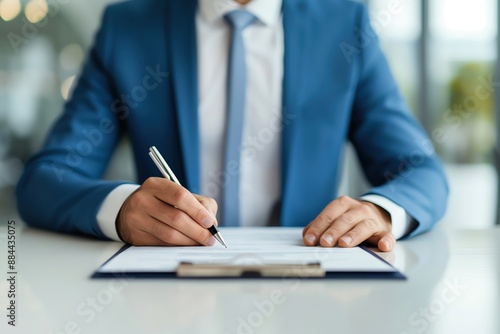 Invisible entrepreneur signing a contract in a sleek office, unidentified presence, professional and confidential