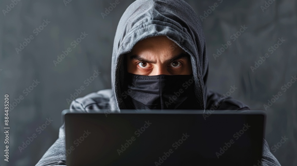 Hacker wearing black mask and hoodie committing cyber crime Hacker wearing black mask and hoodie committing cyber crime