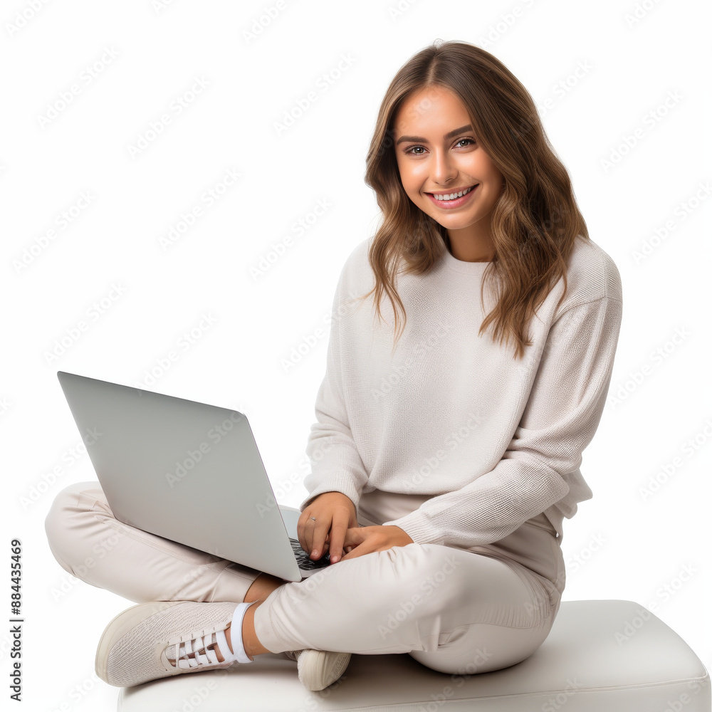 Photorealistic Photo of Beautiful Caucasian Woman Working on Laptop Photorealistic Photo of Beautiful Caucasian Woman Working on Laptop
