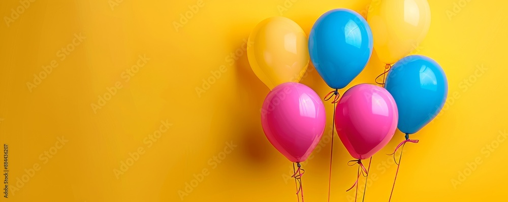 A bunch of balloons in different colors are floating on a yellow background A bunch of balloons in different colors are floating on a yellow background