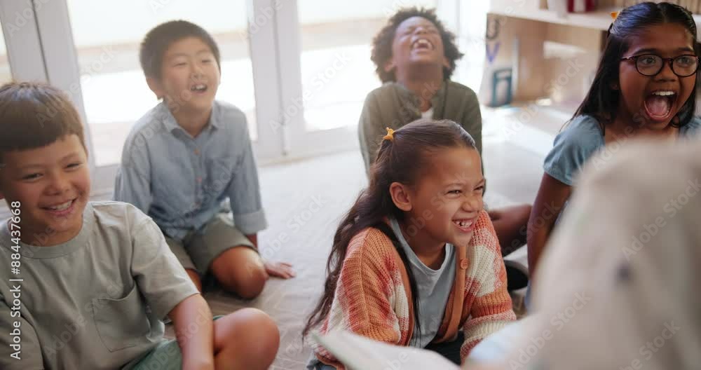 Teacher, kids and storytelling in classroom together for educational development, group learning and growth. Children, reading or studying book with educator for support, knowledge or bonding Teacher, kids and storytelling in classroom together for educational development, group learning and growth. Children, reading or studying book with educator for support, knowledge or bonding