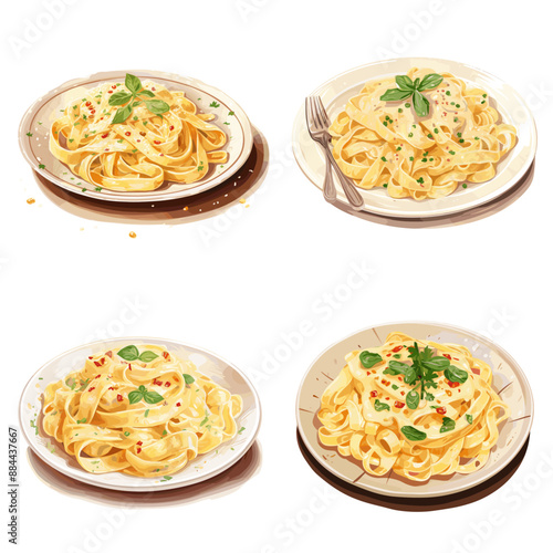 Four plates of pasta with different toppings
