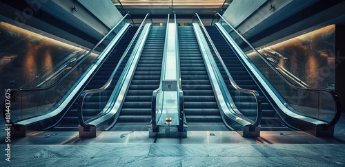 Four escalators in a large room with light beams from above