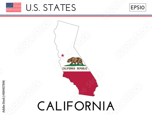 California USA state map shape with flag. Map of California in the California flag colors. Outline map filled with its flag colors. Vector illustration.